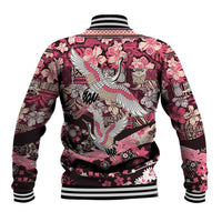 Japanese Hawaiian Crane Baseball Jacket Soft Pink Tapa Patchwork Pattern