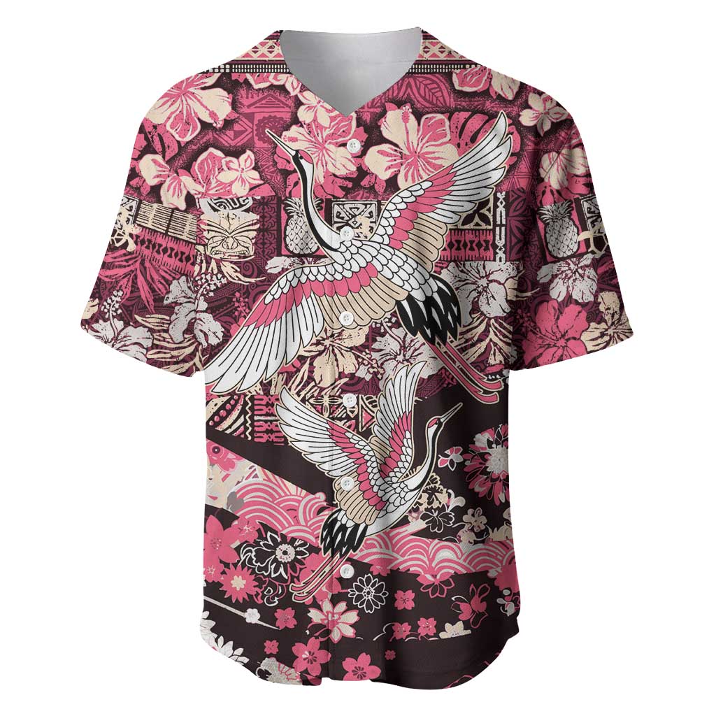 Japanese Hawaiian Crane Baseball Jersey Soft Pink Tapa Patchwork Pattern