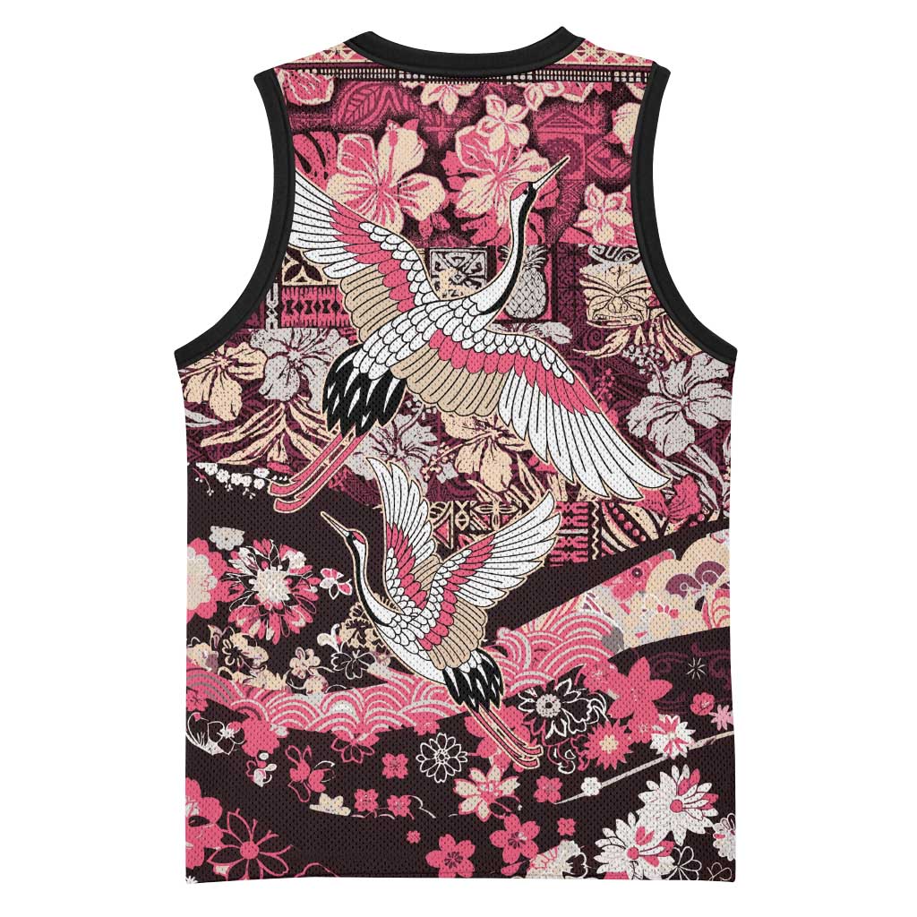 Japanese Hawaiian Crane Basketball Jersey Soft Pink Tapa Patchwork Pattern