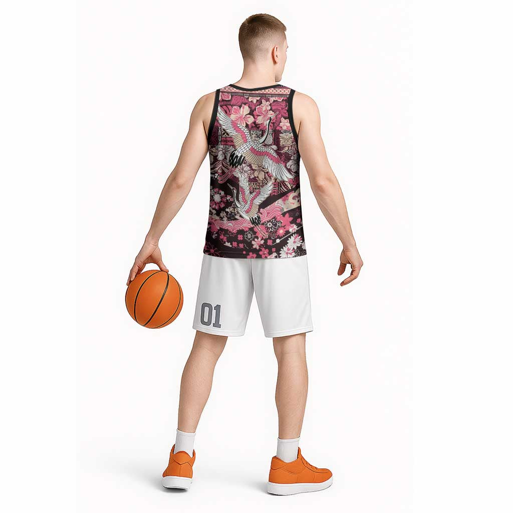 Japanese Hawaiian Crane Basketball Jersey Soft Pink Tapa Patchwork Pattern