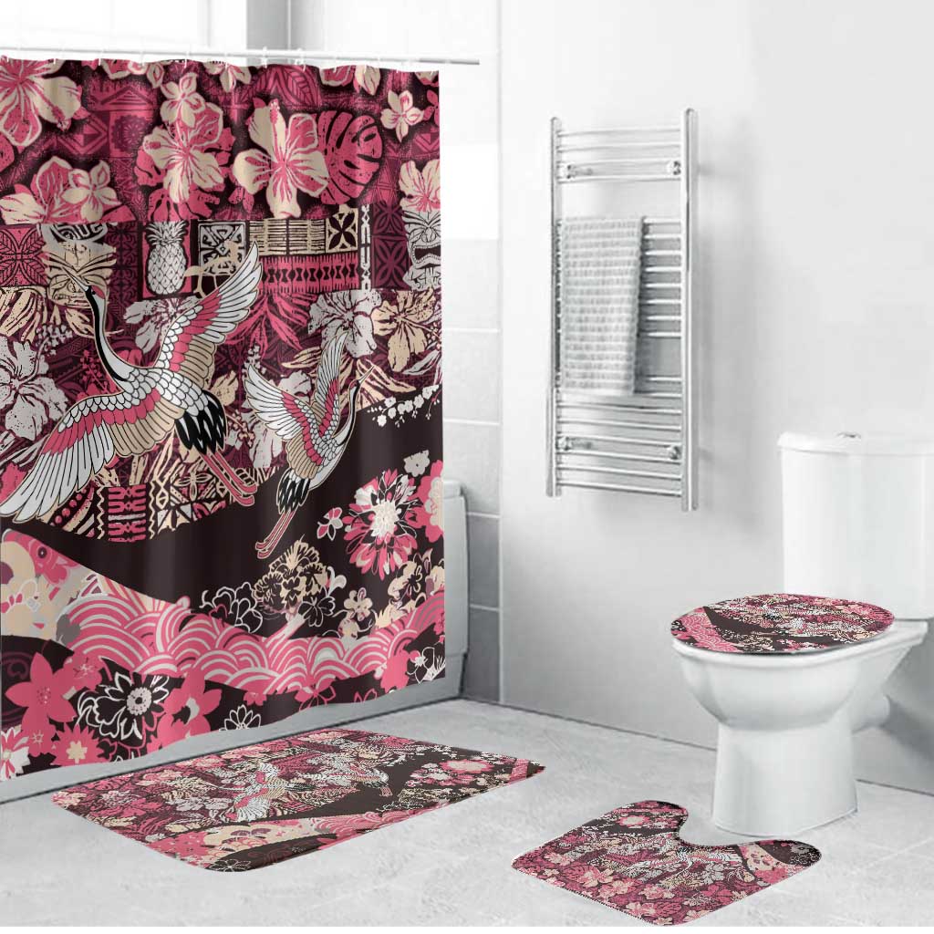 Japanese Hawaiian Crane Bathroom Set Soft Pink Tapa Patchwork Pattern