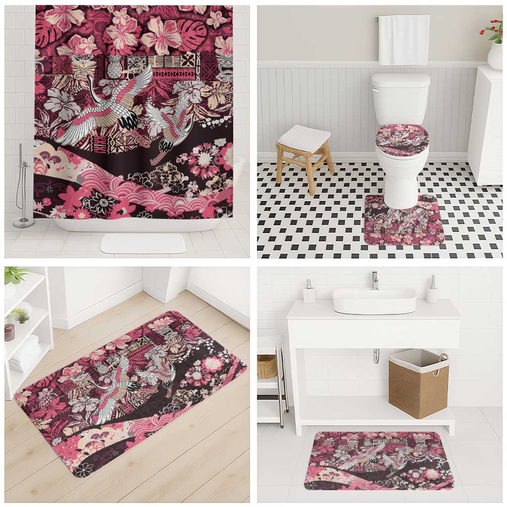 Japanese Hawaiian Crane Bathroom Set Soft Pink Tapa Patchwork Pattern