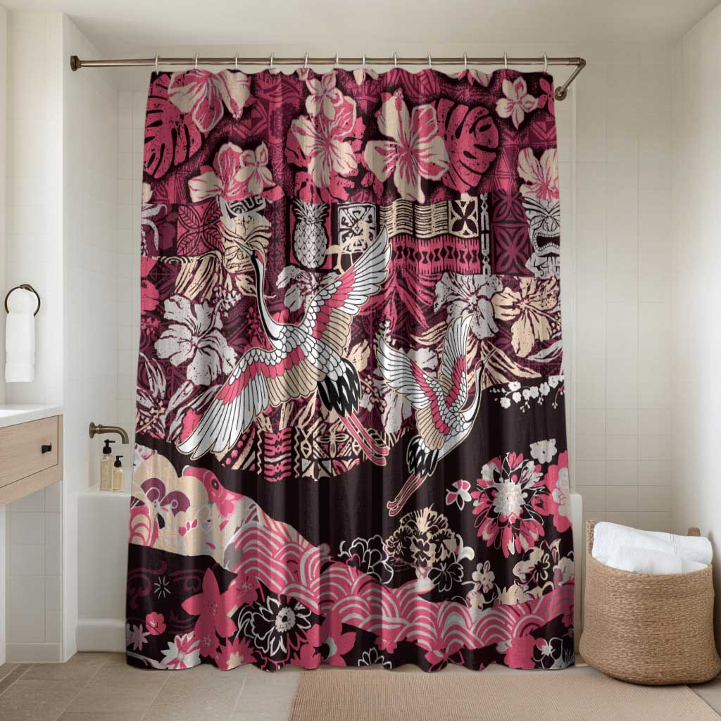 Japanese Hawaiian Crane Bathroom Set Soft Pink Tapa Patchwork Pattern