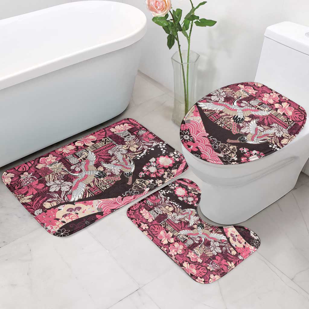 Japanese Hawaiian Crane Bathroom Set Soft Pink Tapa Patchwork Pattern