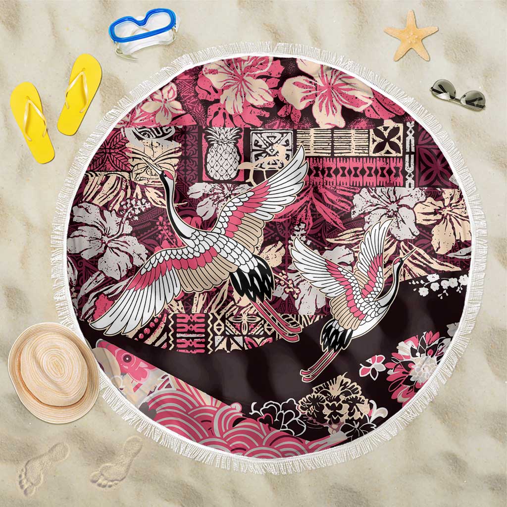 Japanese Hawaiian Crane Beach Blanket Soft Pink Tapa Patchwork Pattern