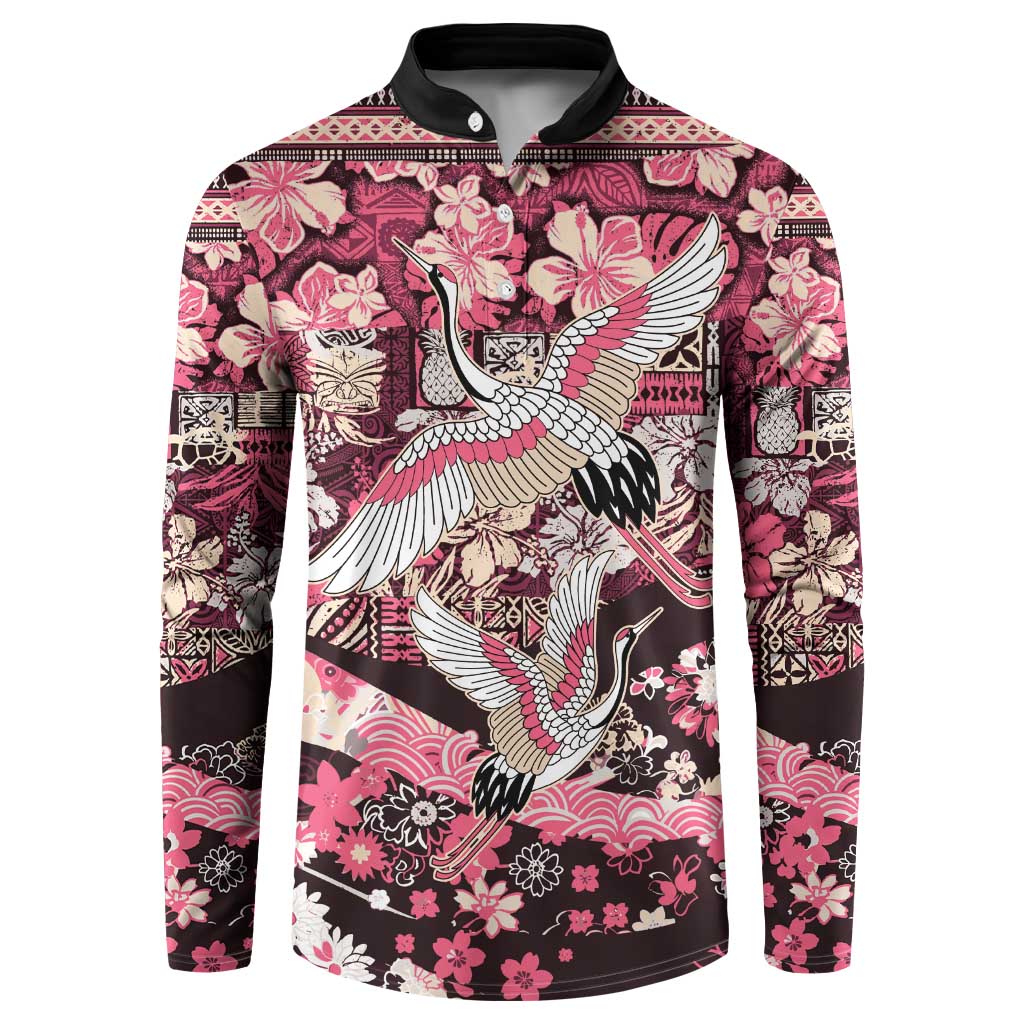 Japanese Hawaiian Crane Button Sweatshirt Soft Pink Tapa Patchwork Pattern