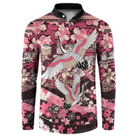 Japanese Hawaiian Crane Button Sweatshirt Soft Pink Tapa Patchwork Pattern