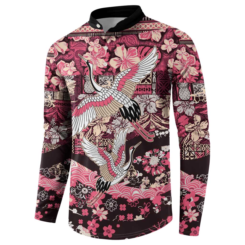 Japanese Hawaiian Crane Button Sweatshirt Soft Pink Tapa Patchwork Pattern