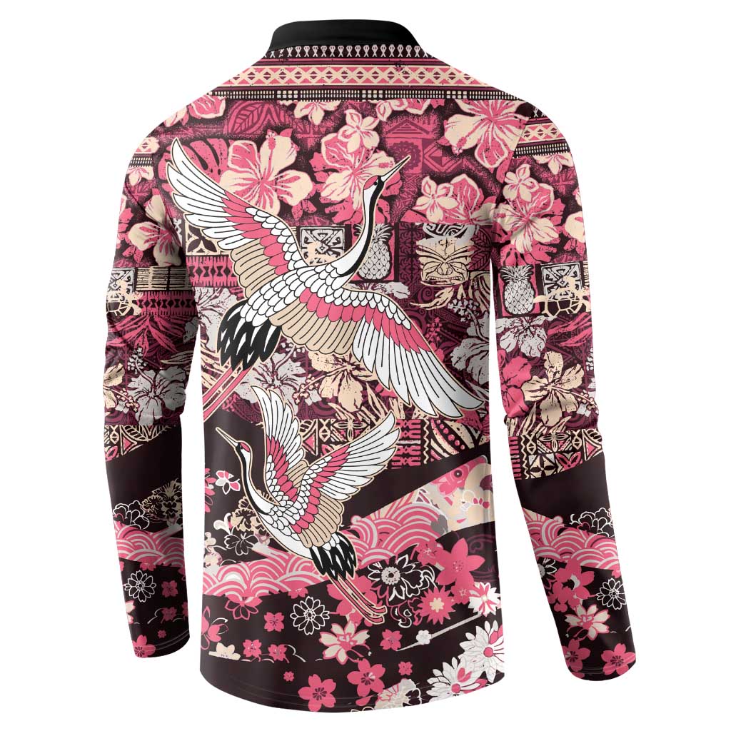 Japanese Hawaiian Crane Button Sweatshirt Soft Pink Tapa Patchwork Pattern