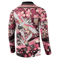 Japanese Hawaiian Crane Button Sweatshirt Soft Pink Tapa Patchwork Pattern