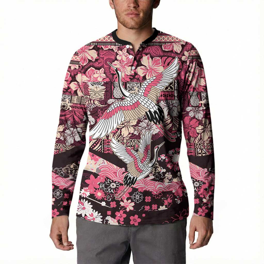 Japanese Hawaiian Crane Button Sweatshirt Soft Pink Tapa Patchwork Pattern