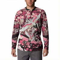 Japanese Hawaiian Crane Button Sweatshirt Soft Pink Tapa Patchwork Pattern
