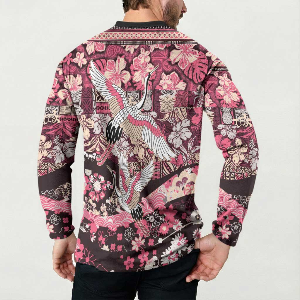 Japanese Hawaiian Crane Button Sweatshirt Soft Pink Tapa Patchwork Pattern