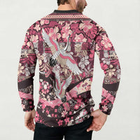 Japanese Hawaiian Crane Button Sweatshirt Soft Pink Tapa Patchwork Pattern