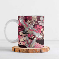 Japanese Hawaiian Crane Ceramic Mug Soft Pink Tapa Patchwork Pattern