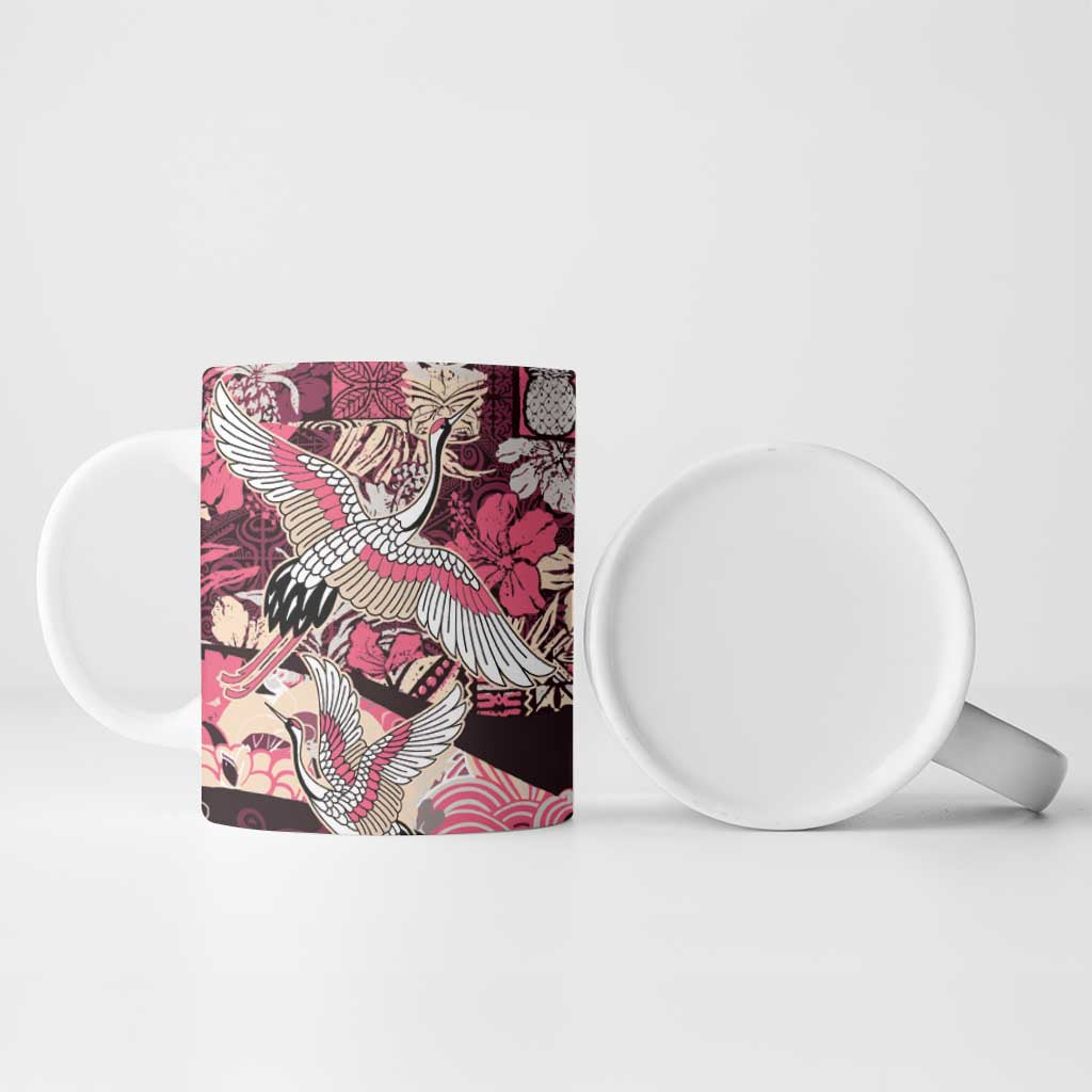 Japanese Hawaiian Crane Ceramic Mug Soft Pink Tapa Patchwork Pattern