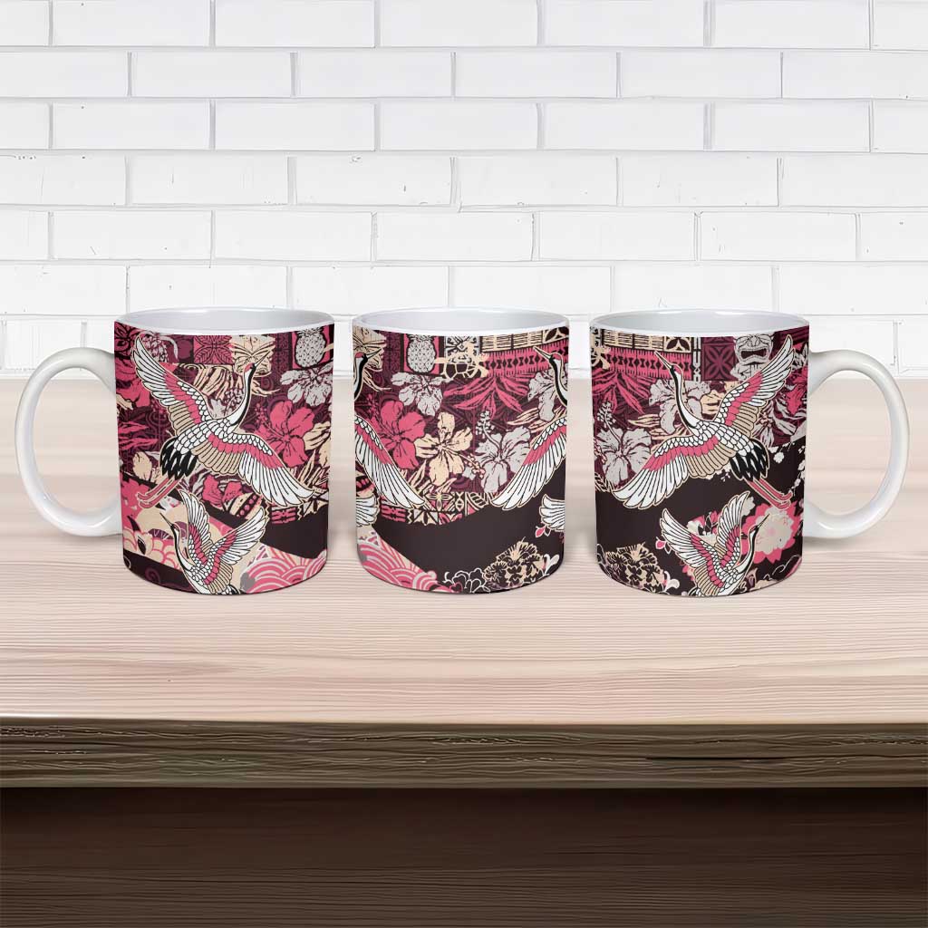Japanese Hawaiian Crane Ceramic Mug Soft Pink Tapa Patchwork Pattern