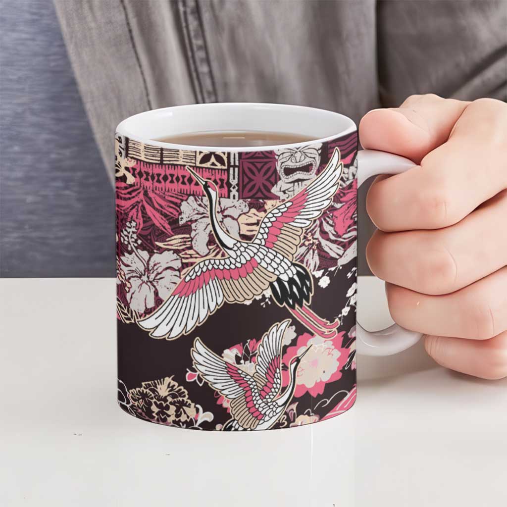 Japanese Hawaiian Crane Ceramic Mug Soft Pink Tapa Patchwork Pattern