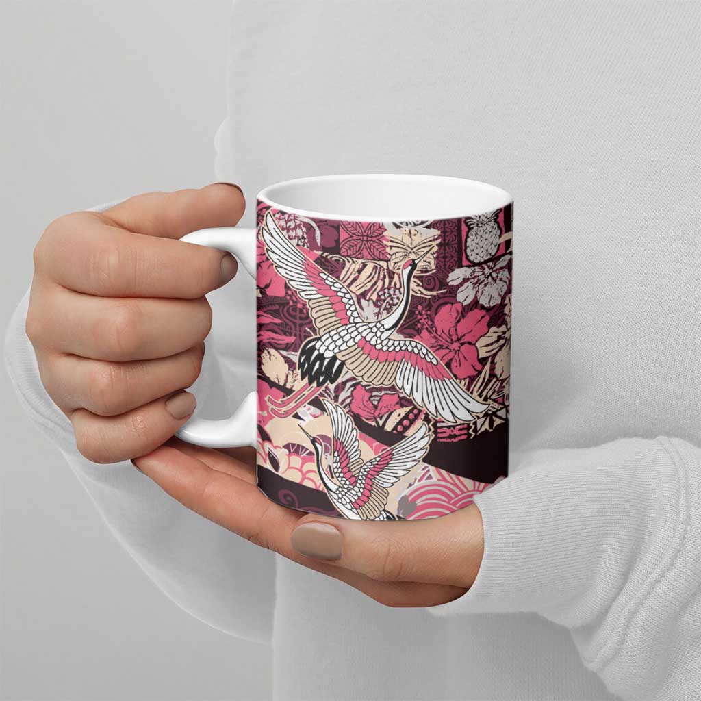 Japanese Hawaiian Crane Ceramic Mug Soft Pink Tapa Patchwork Pattern
