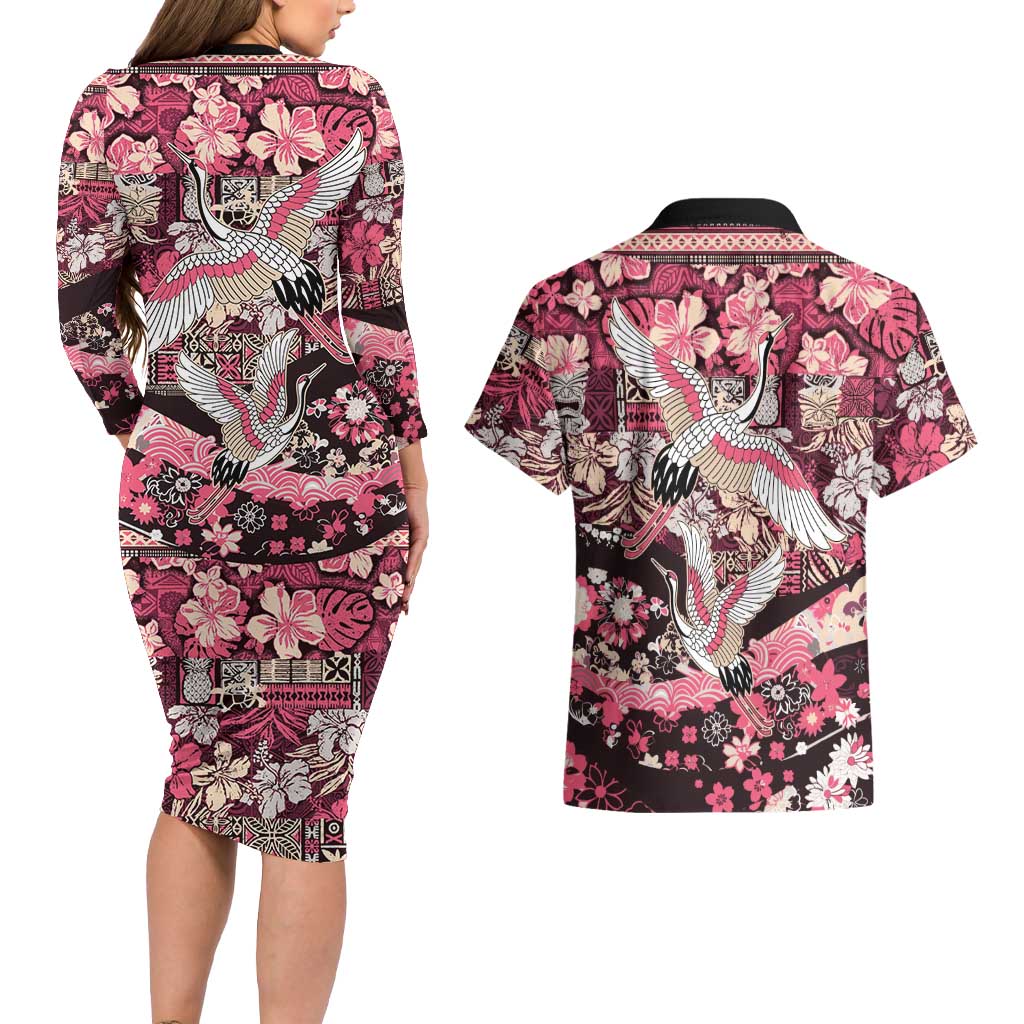 Japanese Hawaiian Crane Couples Matching Long Sleeve Bodycon Dress and Hawaiian Shirt Soft Pink Tapa Patchwork Pattern