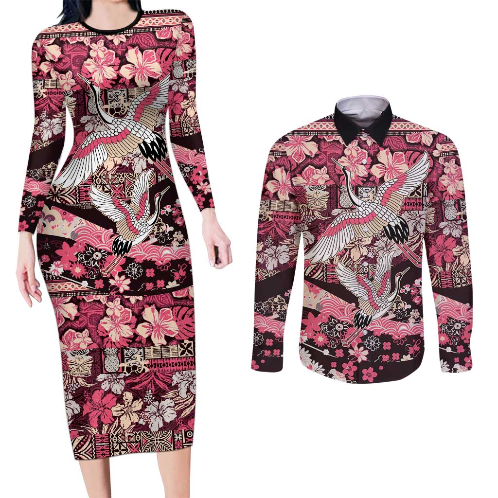 Japanese Hawaiian Crane Couples Matching Long Sleeve Bodycon Dress and Long Sleeve Button Shirt Soft Pink Tapa Patchwork Pattern LT9 Pink - Polynesian Pride