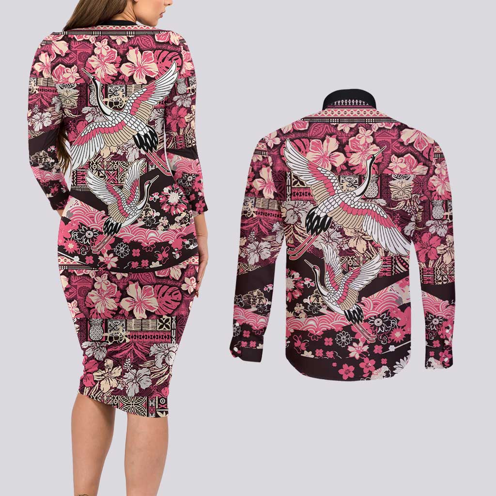 Japanese Hawaiian Crane Couples Matching Long Sleeve Bodycon Dress and Long Sleeve Button Shirt Soft Pink Tapa Patchwork Pattern
