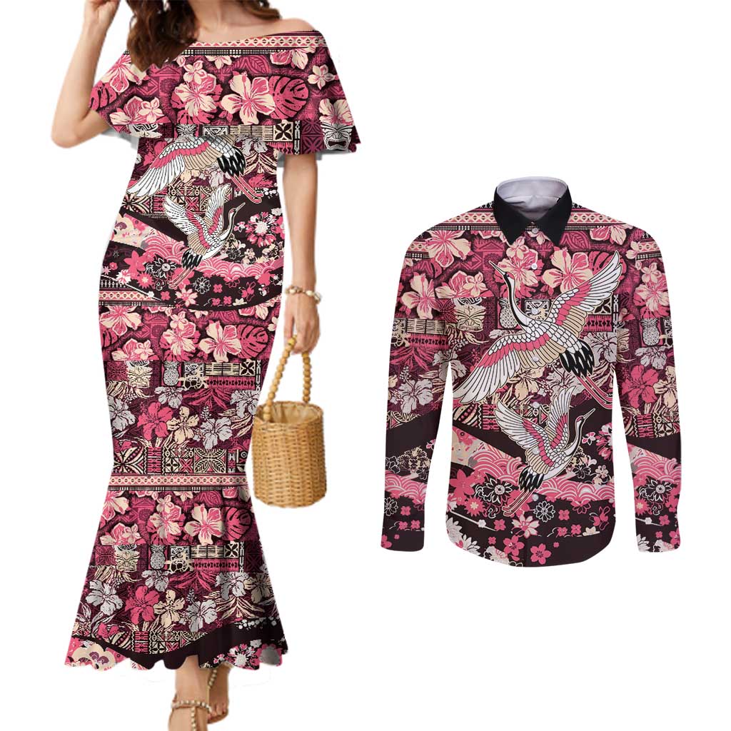 Japanese Hawaiian Crane Couples Matching Mermaid Dress and Long Sleeve Button Shirt Soft Pink Tapa Patchwork Pattern LT9 Pink - Polynesian Pride