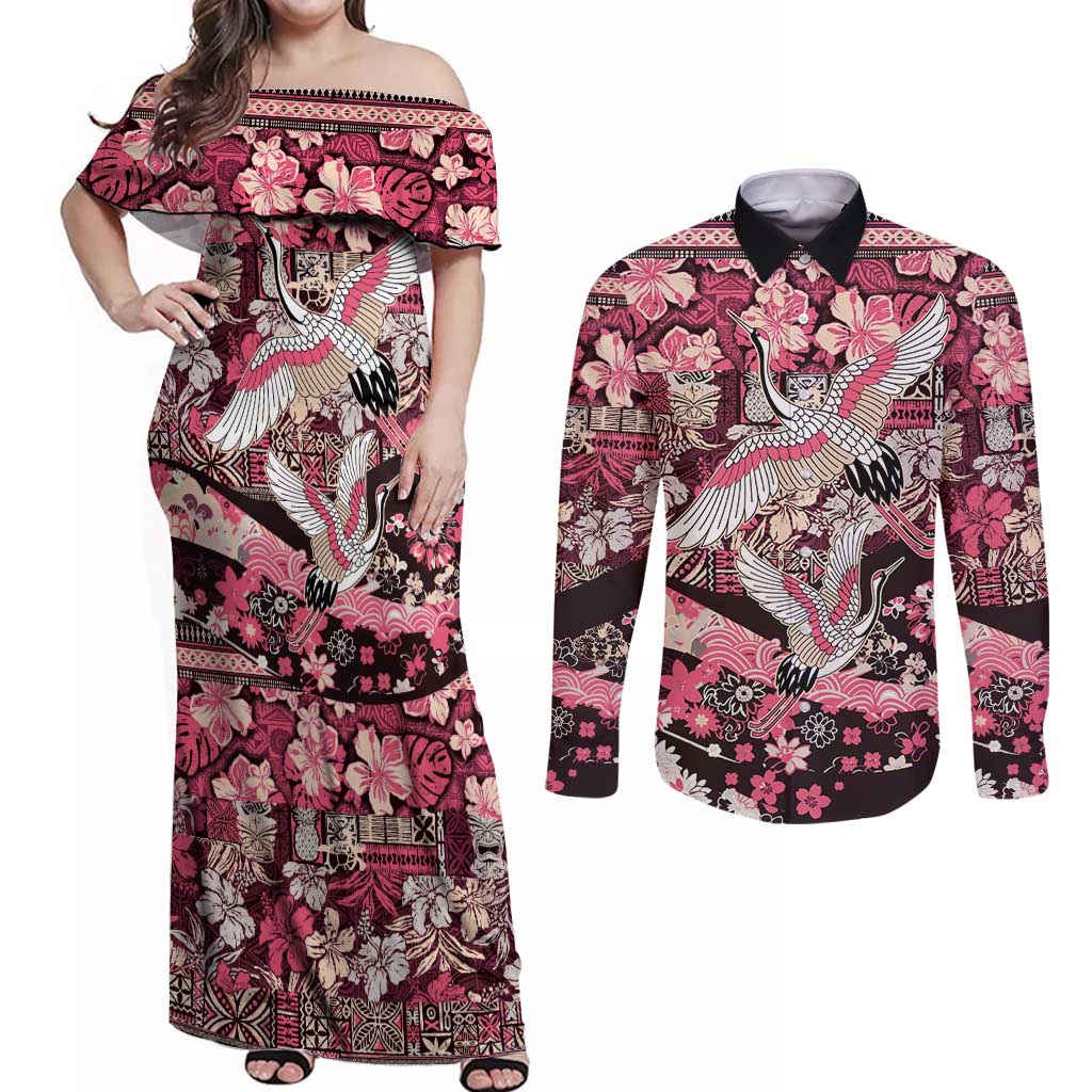 Japanese Hawaiian Crane Couples Matching Off Shoulder Maxi Dress and Long Sleeve Button Shirt Soft Pink Tapa Patchwork Pattern