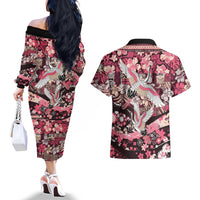 Japanese Hawaiian Crane Couples Matching Off The Shoulder Long Sleeve Dress and Hawaiian Shirt Soft Pink Tapa Patchwork Pattern