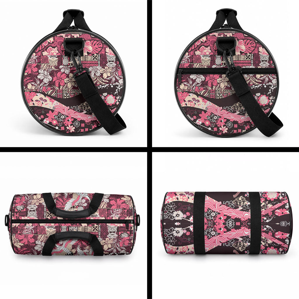 Japanese Hawaiian Crane Duffle Bag Soft Pink Tapa Patchwork Pattern LT9 - Polynesian Pride