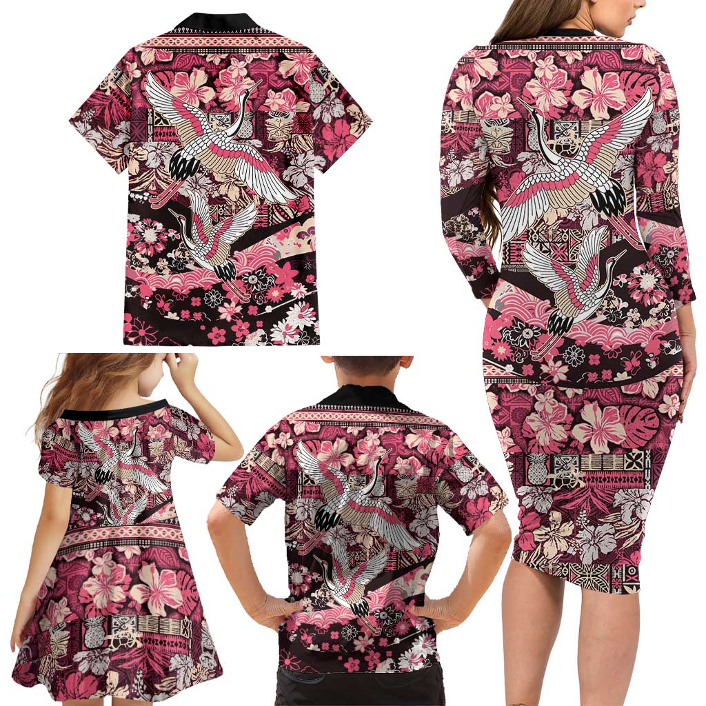 Japanese Hawaiian Crane Family Matching Long Sleeve Bodycon Dress and Hawaiian Shirt Soft Pink Tapa Patchwork Pattern LT9 - Polynesian Pride