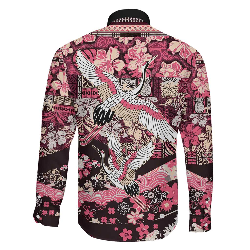 Japanese Hawaiian Crane Family Matching Long Sleeve Bodycon Dress and Hawaiian Shirt Soft Pink Tapa Patchwork Pattern LT9 - Polynesian Pride