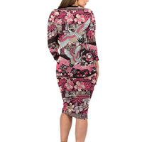 Japanese Hawaiian Crane Family Matching Long Sleeve Bodycon Dress and Hawaiian Shirt Soft Pink Tapa Patchwork Pattern LT9 - Polynesian Pride
