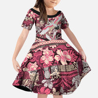 Japanese Hawaiian Crane Family Matching Off Shoulder Maxi Dress and Hawaiian Shirt Soft Pink Tapa Patchwork Pattern