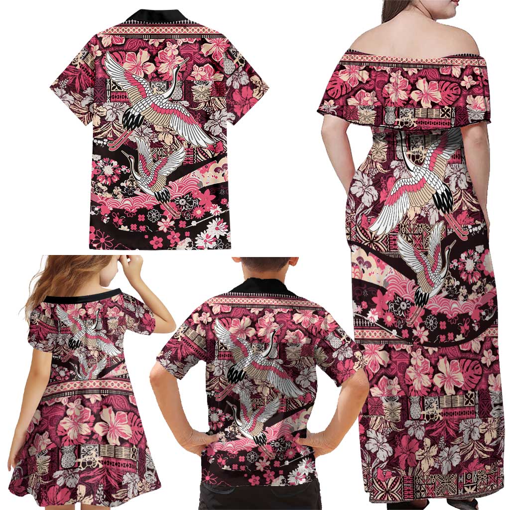 Japanese Hawaiian Crane Family Matching Off Shoulder Maxi Dress and Hawaiian Shirt Soft Pink Tapa Patchwork Pattern