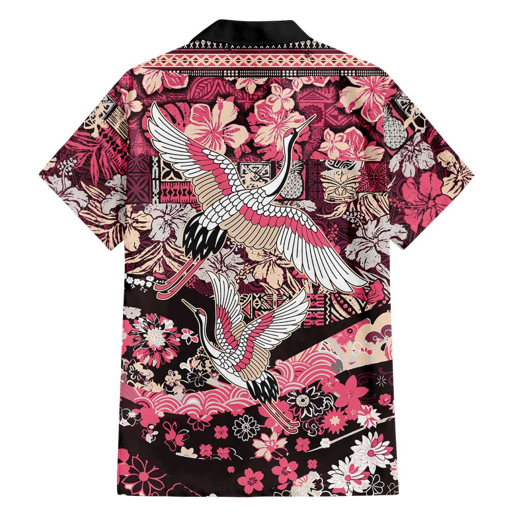 Japanese Hawaiian Crane Family Matching Off Shoulder Maxi Dress and Hawaiian Shirt Soft Pink Tapa Patchwork Pattern
