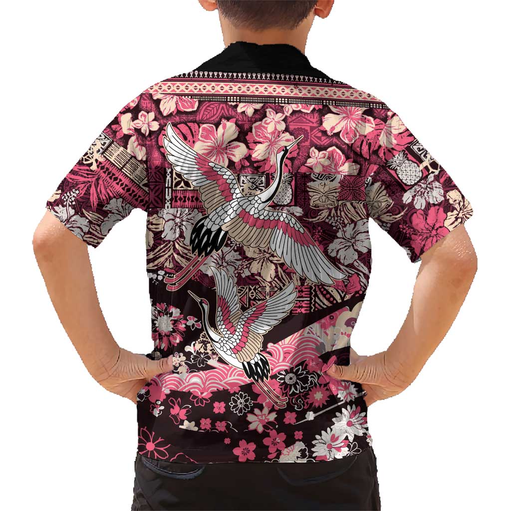 Japanese Hawaiian Crane Family Matching Off Shoulder Short Dress and Hawaiian Shirt Soft Pink Tapa Patchwork Pattern LT9 - Polynesian Pride