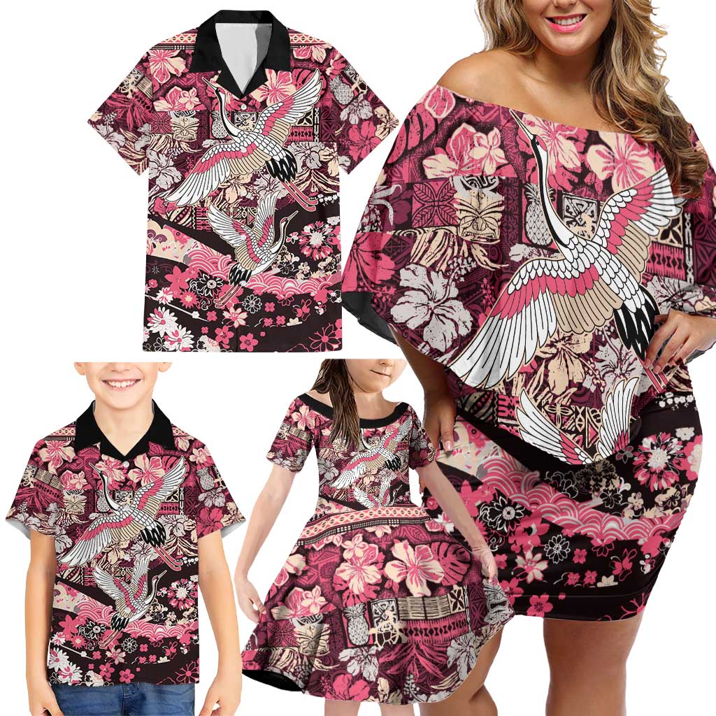 Japanese Hawaiian Crane Family Matching Off Shoulder Short Dress and Hawaiian Shirt Soft Pink Tapa Patchwork Pattern LT9 - Polynesian Pride