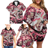 Japanese Hawaiian Crane Family Matching Off Shoulder Short Dress and Hawaiian Shirt Soft Pink Tapa Patchwork Pattern LT9 - Polynesian Pride