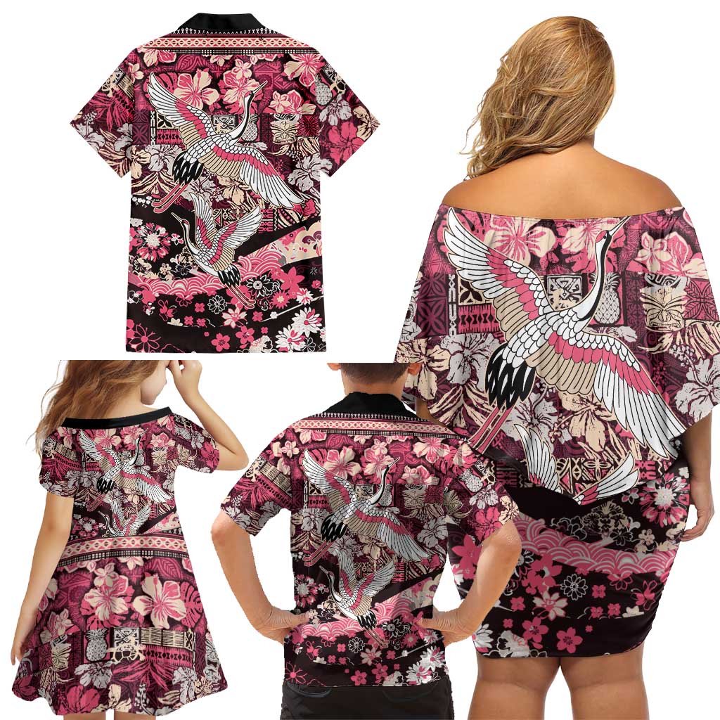 Japanese Hawaiian Crane Family Matching Off Shoulder Short Dress and Hawaiian Shirt Soft Pink Tapa Patchwork Pattern LT9 - Polynesian Pride