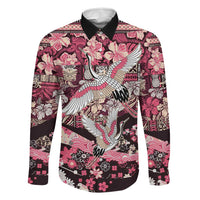 Japanese Hawaiian Crane Family Matching Short Sleeve Bodycon Dress and Hawaiian Shirt Soft Pink Tapa Patchwork Pattern LT9 Dad's Shirt - Long Sleeve Pink - Polynesian Pride