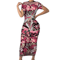 Japanese Hawaiian Crane Family Matching Short Sleeve Bodycon Dress and Hawaiian Shirt Soft Pink Tapa Patchwork Pattern LT9 Mom's Dress Pink - Polynesian Pride