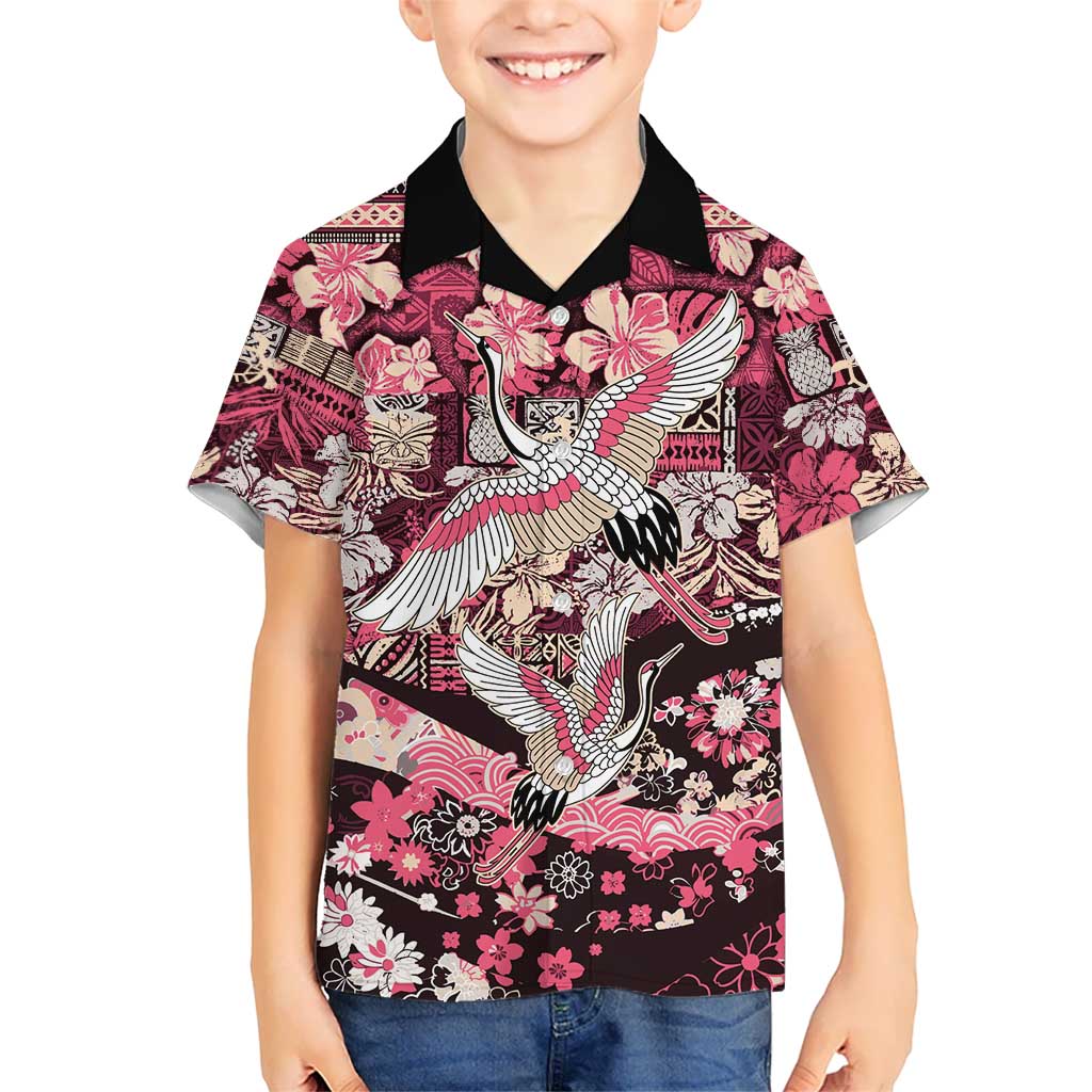 Japanese Hawaiian Crane Family Matching Short Sleeve Bodycon Dress and Hawaiian Shirt Soft Pink Tapa Patchwork Pattern LT9 Son's Shirt Pink - Polynesian Pride