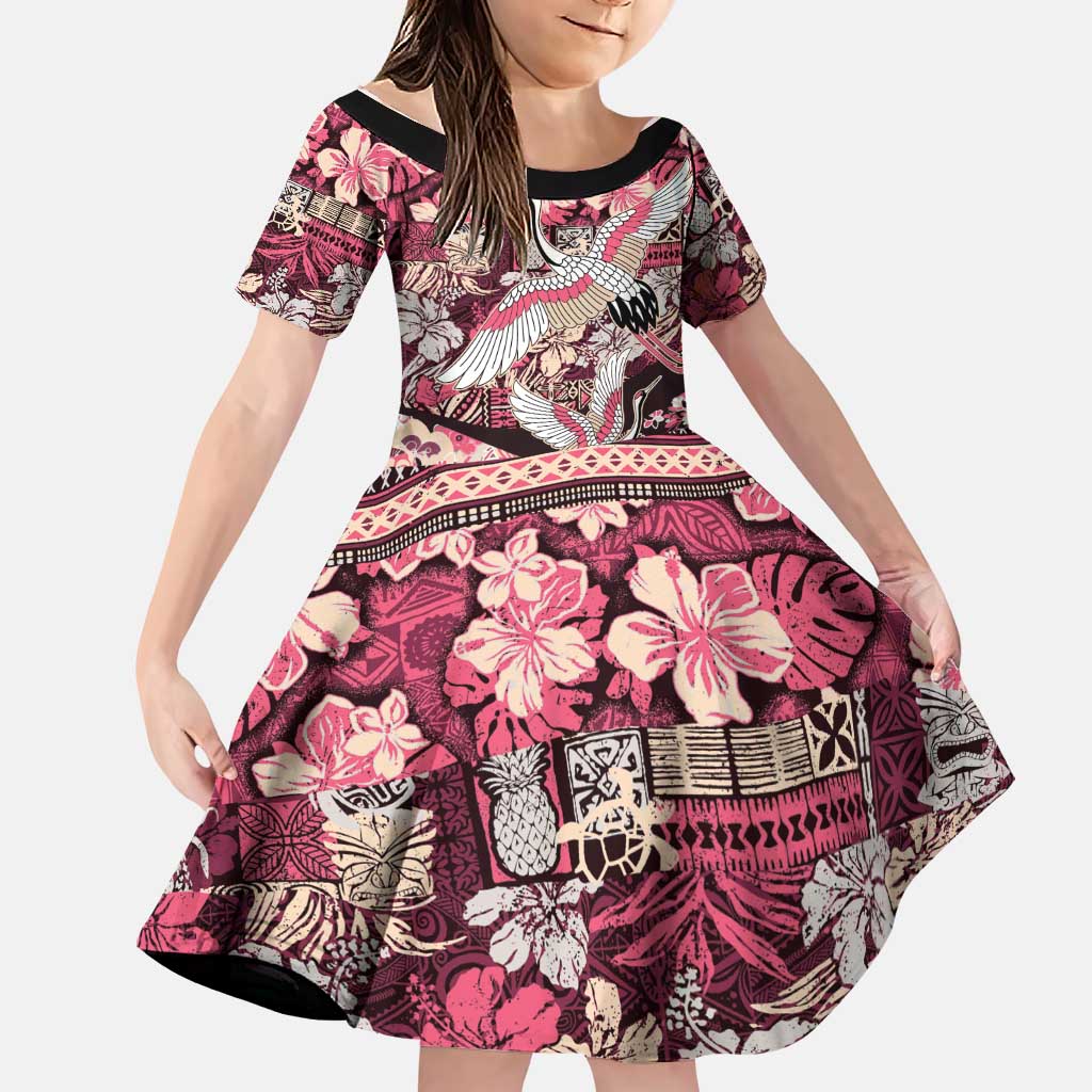 Japanese Hawaiian Crane Family Matching Tank Maxi Dress and Hawaiian Shirt Soft Pink Tapa Patchwork Pattern LT9 Daughter's Dress Pink - Polynesian Pride