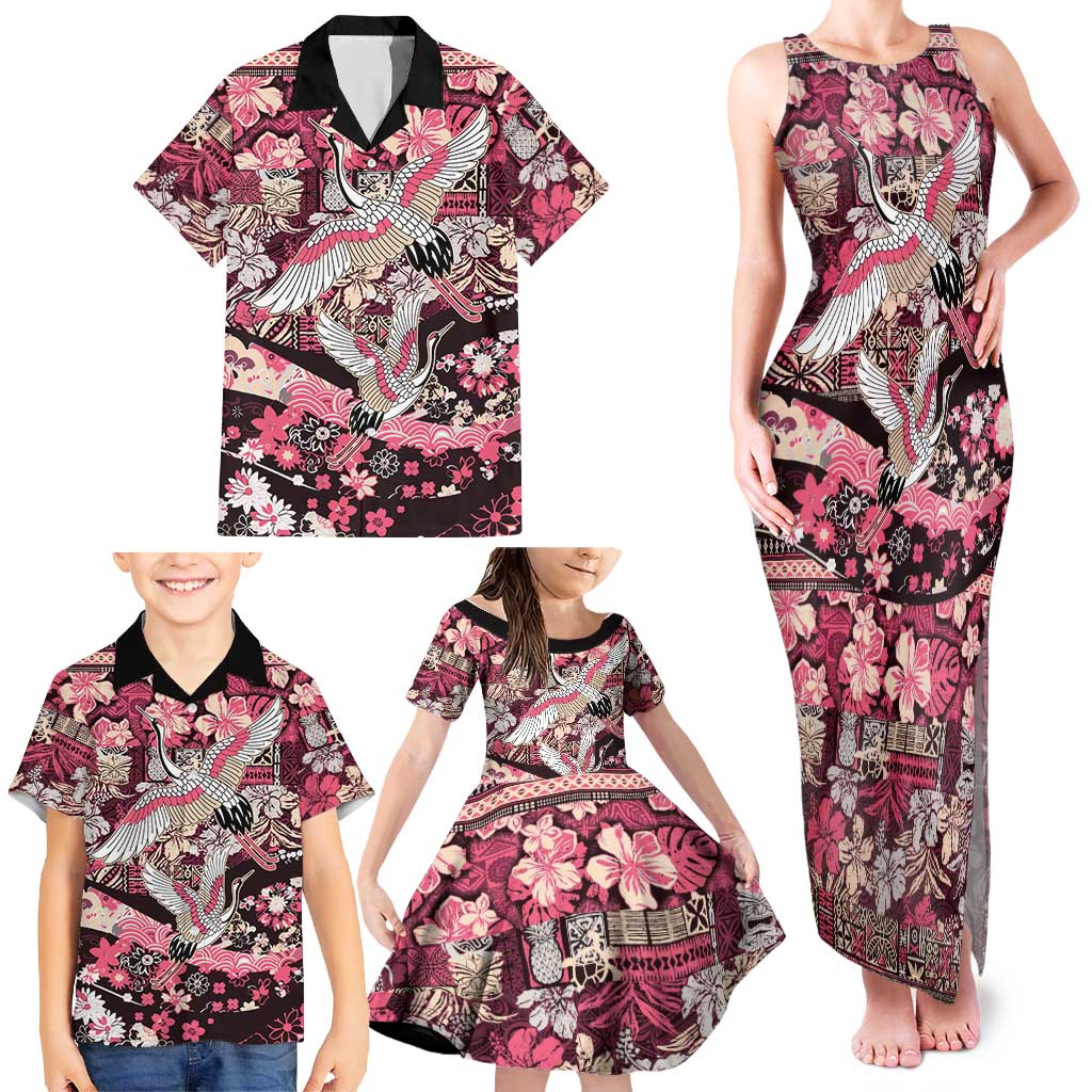 Japanese Hawaiian Crane Family Matching Tank Maxi Dress and Hawaiian Shirt Soft Pink Tapa Patchwork Pattern LT9 - Polynesian Pride