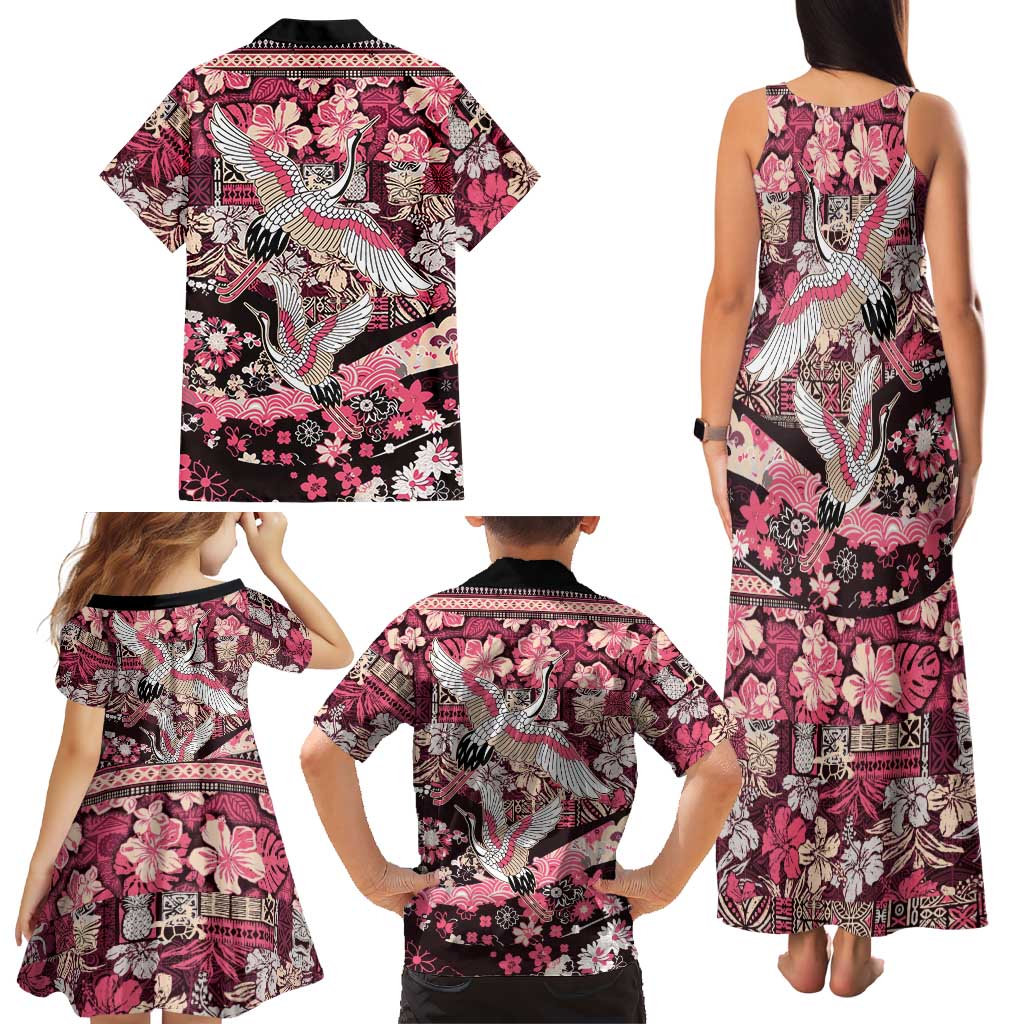 Japanese Hawaiian Crane Family Matching Tank Maxi Dress and Hawaiian Shirt Soft Pink Tapa Patchwork Pattern LT9 - Polynesian Pride
