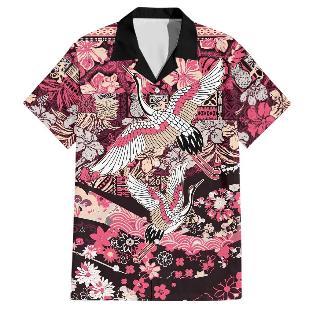 Japanese Hawaiian Crane Family Matching Tank Maxi Dress and Hawaiian Shirt Soft Pink Tapa Patchwork Pattern LT9 Dad's Shirt - Short Sleeve Pink - Polynesian Pride