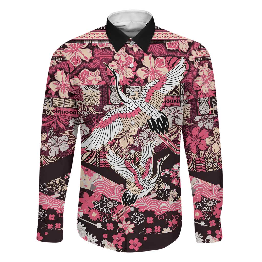 Japanese Hawaiian Crane Family Matching Tank Maxi Dress and Hawaiian Shirt Soft Pink Tapa Patchwork Pattern LT9 Dad's Shirt - Long Sleeve Pink - Polynesian Pride