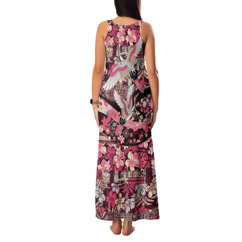 Japanese Hawaiian Crane Family Matching Tank Maxi Dress and Hawaiian Shirt Soft Pink Tapa Patchwork Pattern LT9 - Polynesian Pride