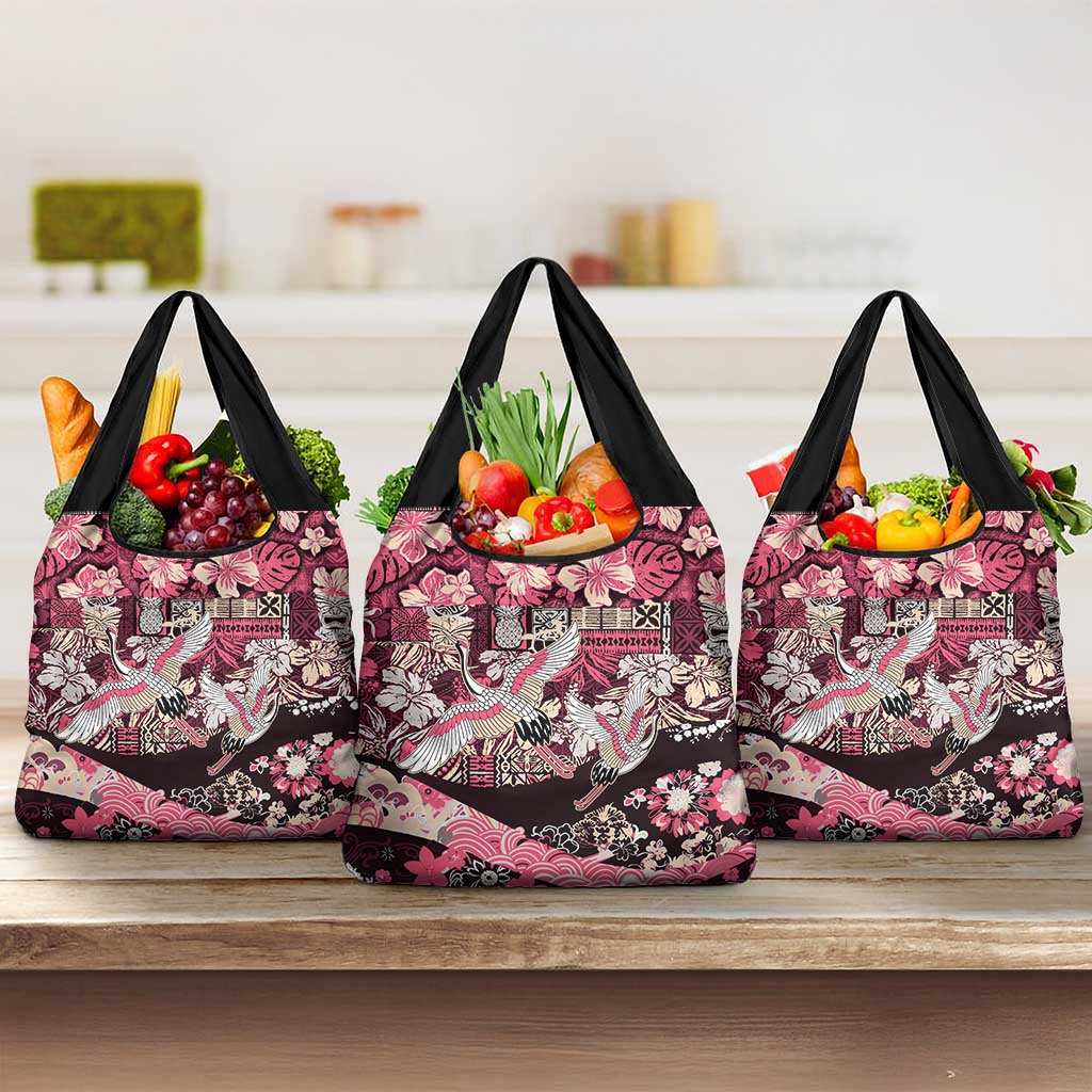 Japanese Hawaiian Crane Grocery Bag Soft Pink Tapa Patchwork Pattern